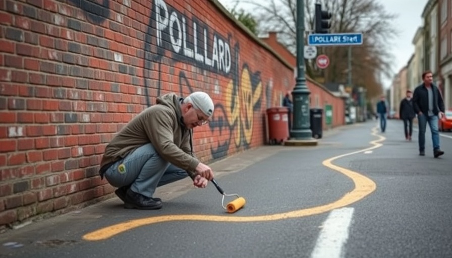 Banksy street art removal controversy: mural on Pollard Street with artist painting road line.