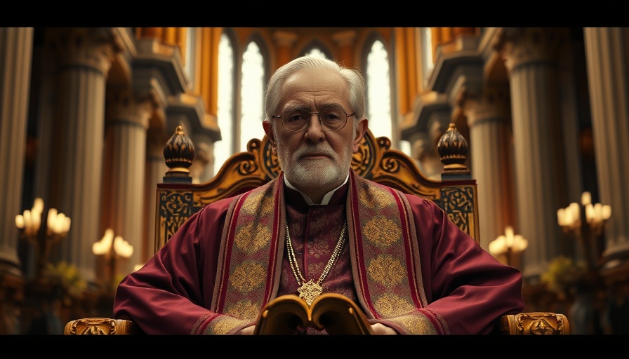 Elderly man in ceremonial robes sitting solemnly in grand cathedral.