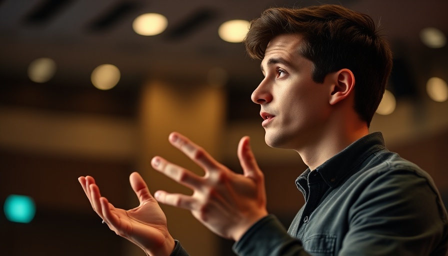 Young man discussing AI and job market for graduates at a conference.