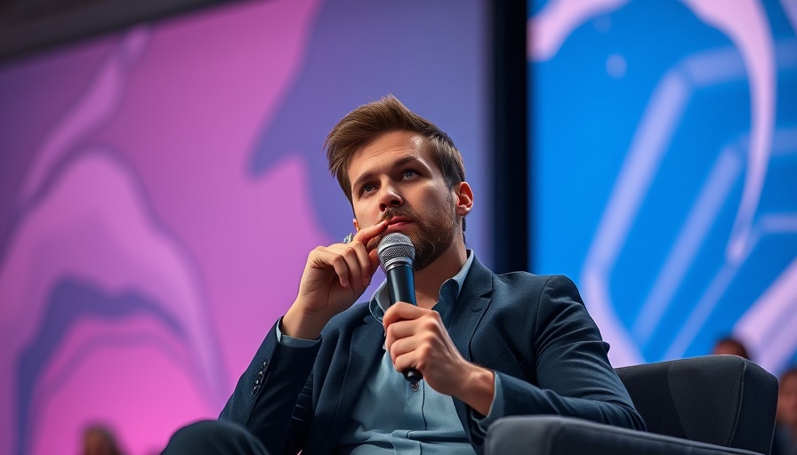 Man discussing AI models limitations in scientific breakthroughs on stage.
