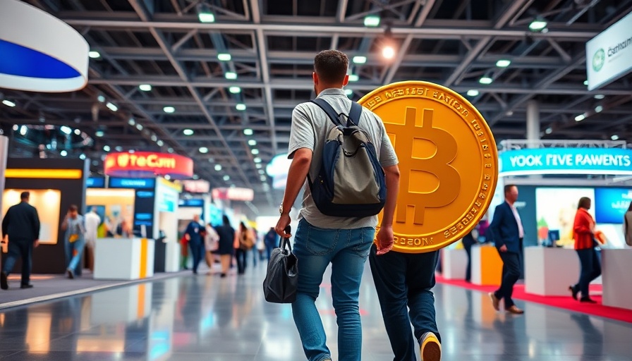 Convention scene with Bitcoin mascot highlighting crypto venture capital trends.