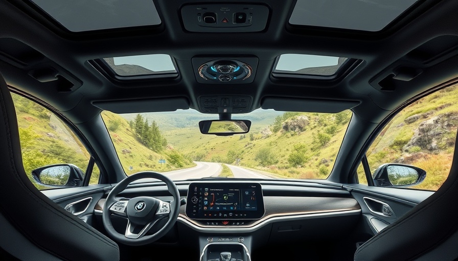 High-tech autonomous vehicle interior showcasing advanced tech in scenic landscape.