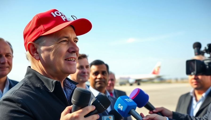 Trump engaging with reporters on an airport tarmac.