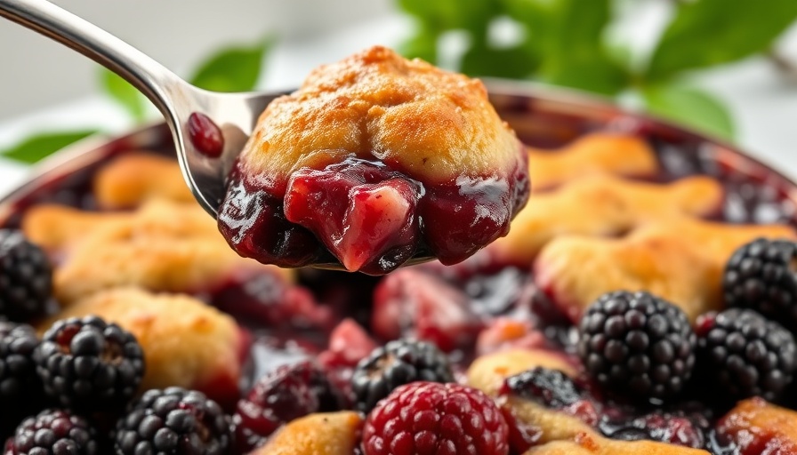 Delicious homemade blackberry cobbler served with spoon.