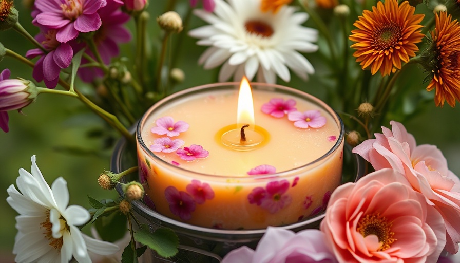 Vibrant beeswax DIY floating candle with flowers in garden.