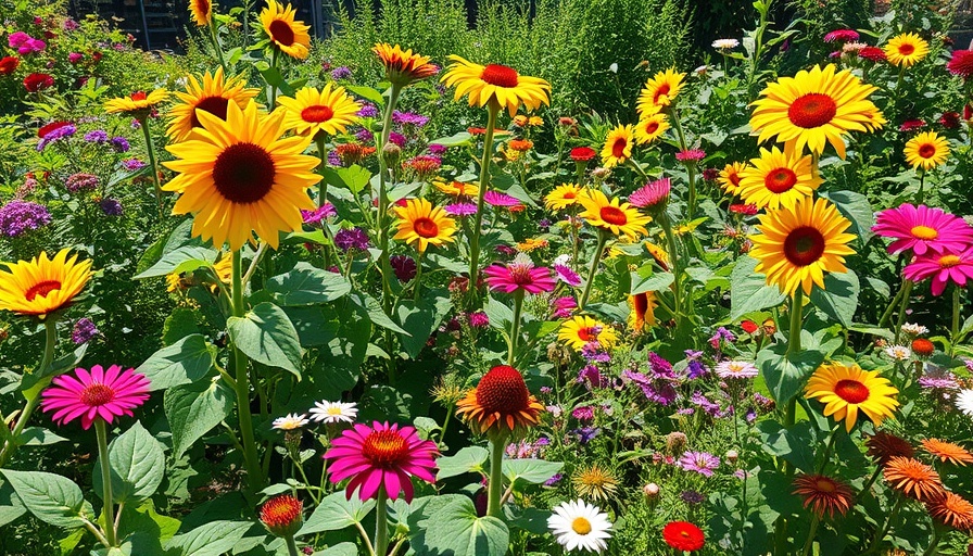 Polyculture garden with diverse plants showcasing sustainable gardening practices.