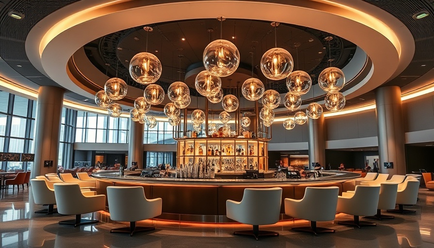 Luxurious airport lounge bar with elegant lighting.
