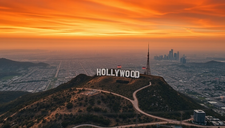 Aerial view of Los Angeles with Hollywood sign at sunset, depicting business trends.
