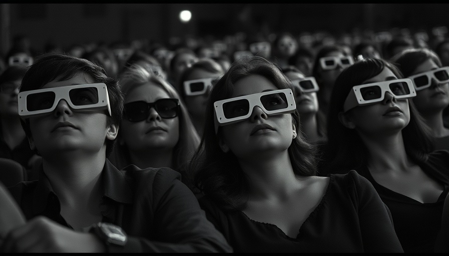 Retro theater audience in 3D glasses absorbed in film, classic cinema.