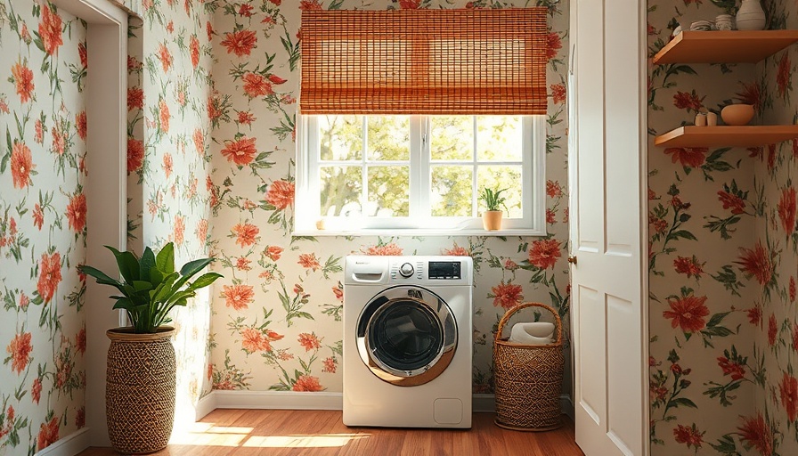 Floral laundry room with bamboo shade and washer, DIY walk-in closet vibe.