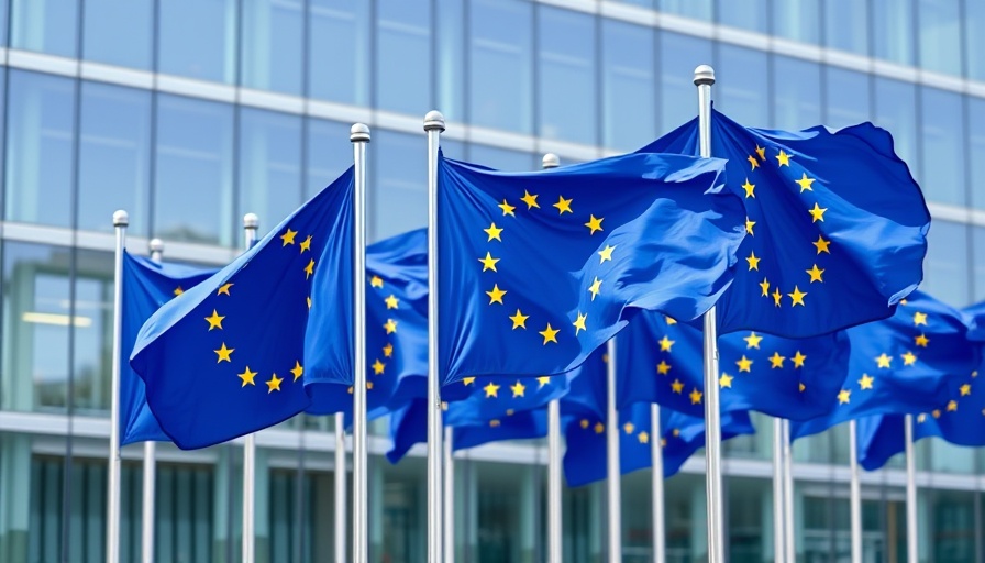 European Union flags waving in front of a modern building, European reliance on U.S. tech.