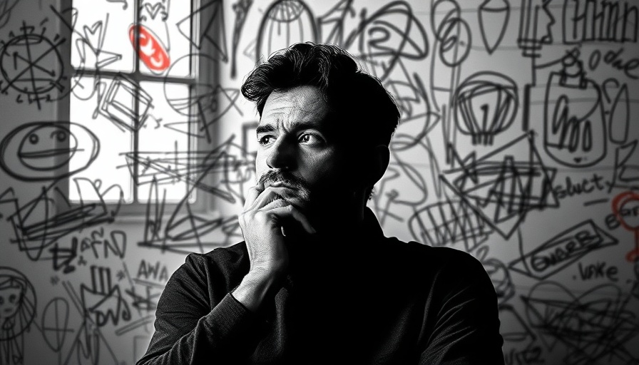 Person pondering art surrounded by colorful sketches.