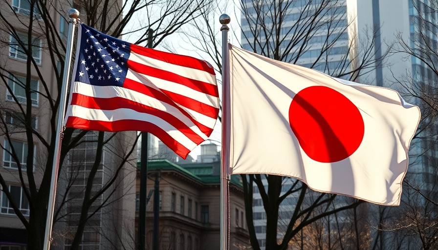 US and Japan flags waving in sunlight, symbolizing alliance.