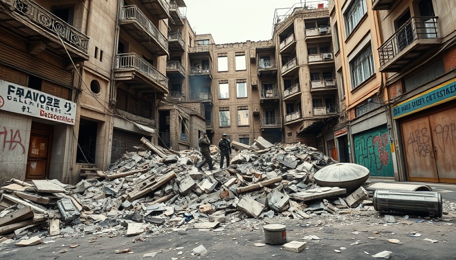Damaged building in urban area with military and workers, reflecting strategy challenges.