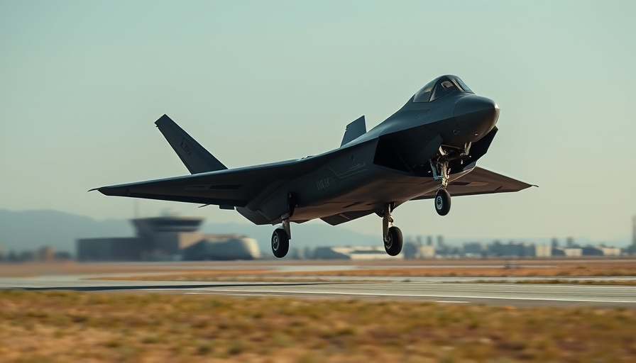 Stealth bomber landing at military base, vibrant sky backdrop.