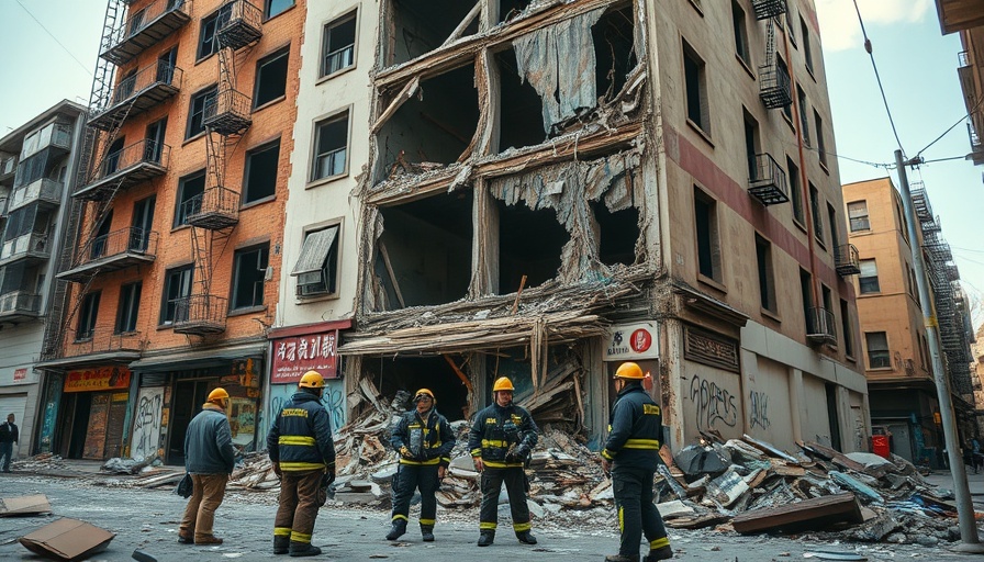 Pro-Palestinian Activism scene of urban damage and emergency response.