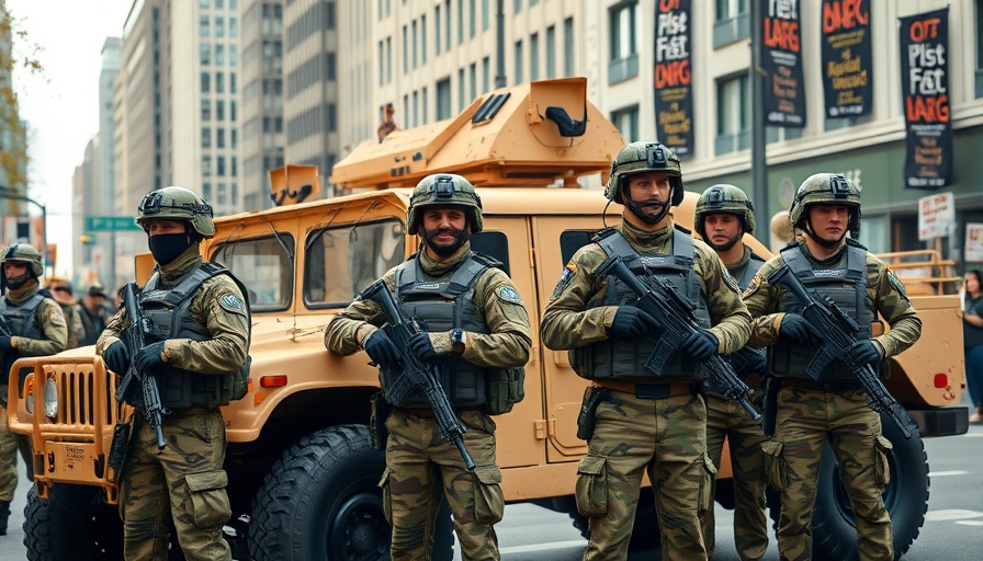 Armed soldiers beside military vehicle, possible Posse Comitatus Act violations scene.