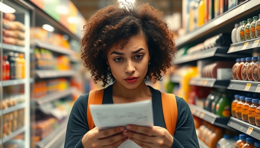 Concerned shopper in supermarket checking receipt, reflecting bad consumer sentiment impacting economy.
