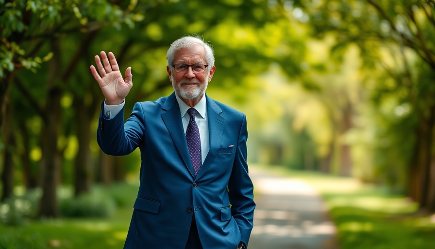 Older man in blue suit, waving outdoors on a green lawn.