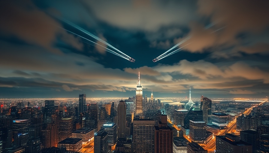Cloudy cityscape with missile trails during nighttime.