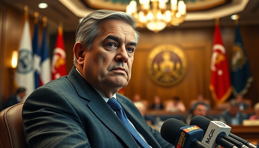 Political figure in meeting room with flags, warning of actions.