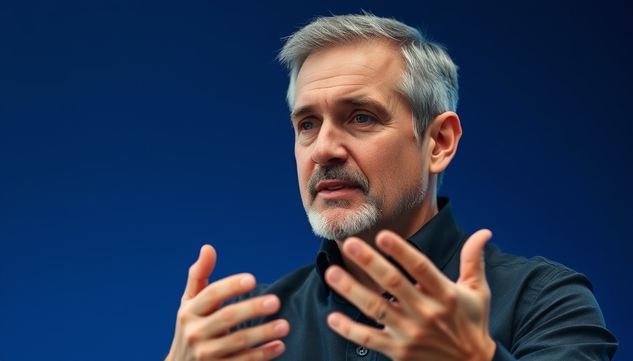 Middle-aged man engaged in conversation, soft-focus blue background.