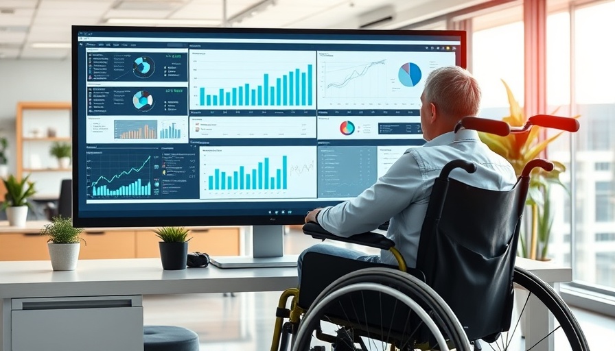Office scene with wheelchair user analyzing graphs on computer, highlighting UK job support for disabled individuals.