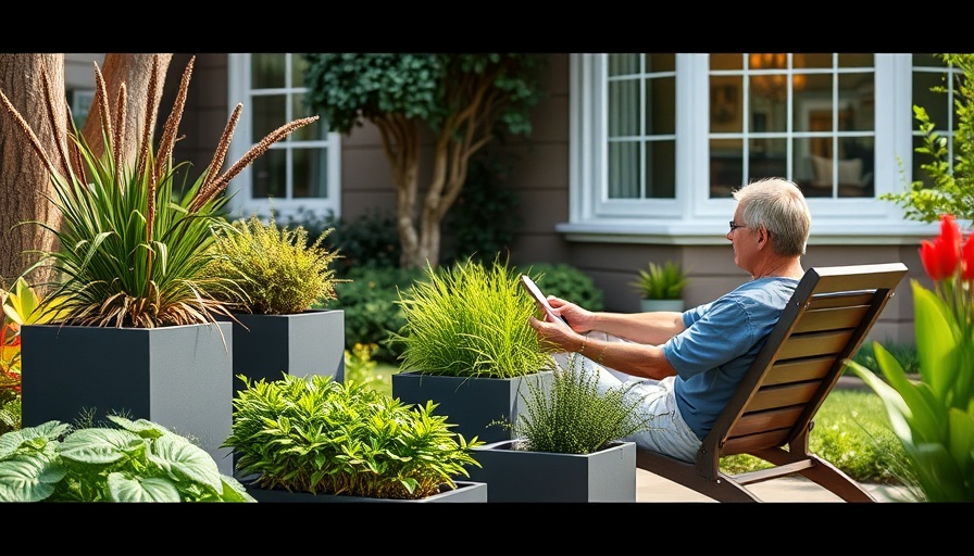 Person tending to modern planters in a tidy edible garden.