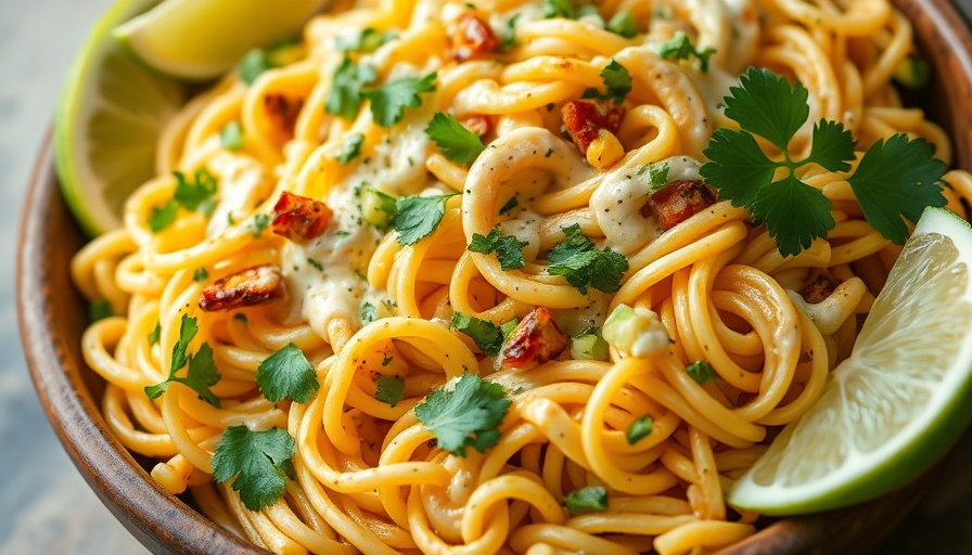 Elote pasta salad recipe with creamy dressing, corn, and cilantro.
