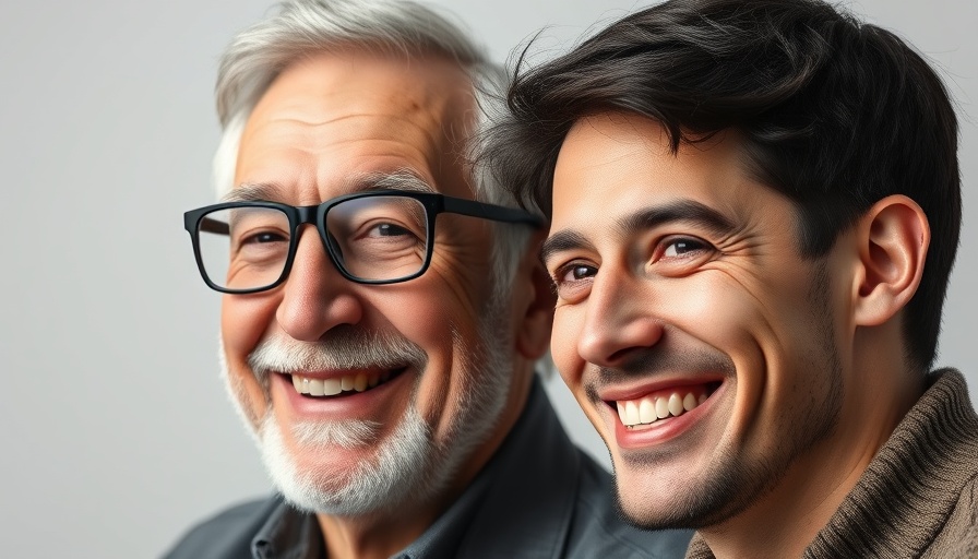 Two men smiling in a black and white portrait.