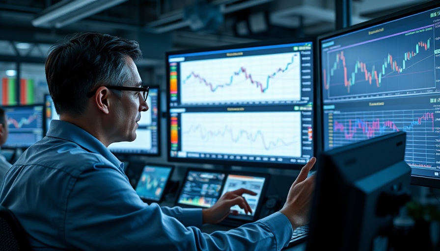 Trader analyzing multiple financial graphs in an office setting.