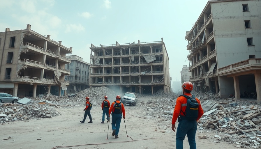 Destruction aftermath of an attack in urban area, showcasing damage and rescue efforts.