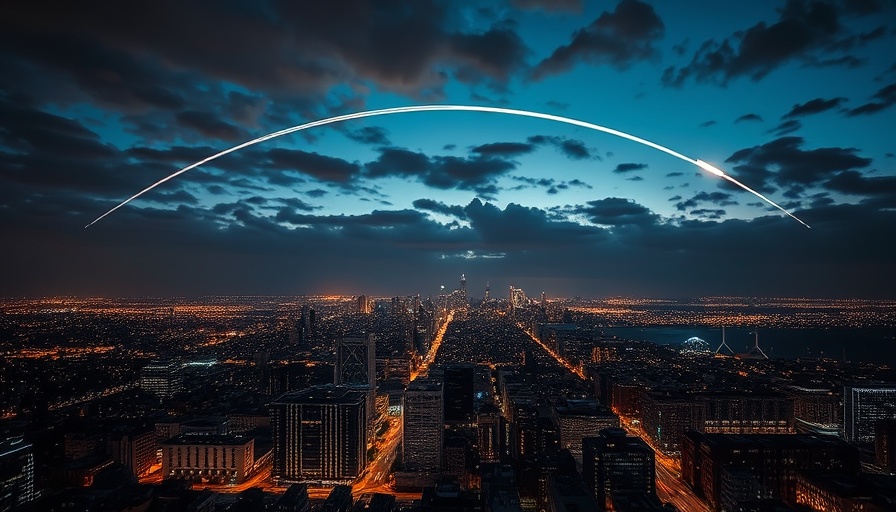 Iran response after US nuclear strikes depicted with missile trail over city at night.