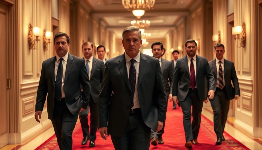 Formal group walking in hallway, symbolizing regime change discussion.