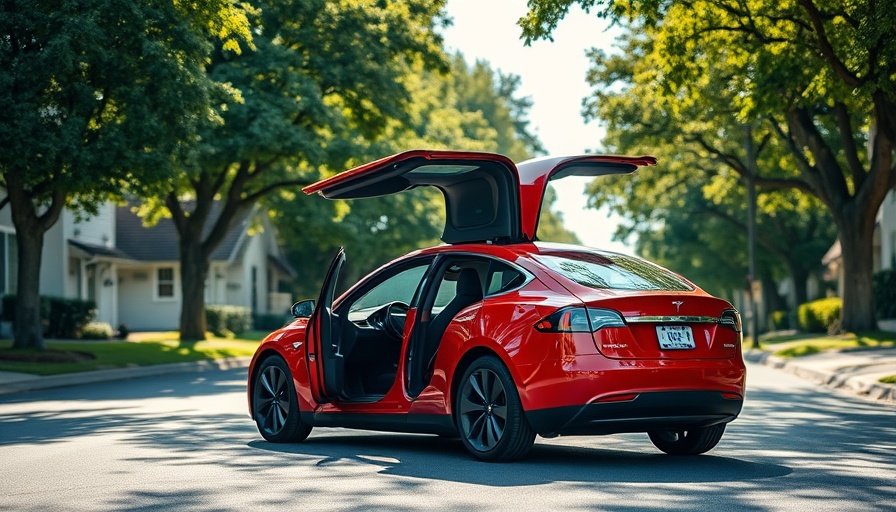 Sleek red Tesla robotaxi service launch with open door on sunny street.