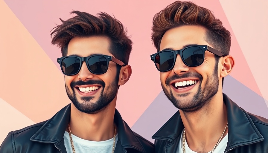Stylish digital art of two smiling men with pastel geometric background.