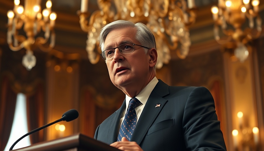 Political figure delivering speech in chandelier-lit room.