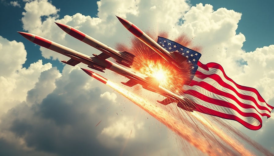 War impacts symbolically depicted with American flag elements and missiles.