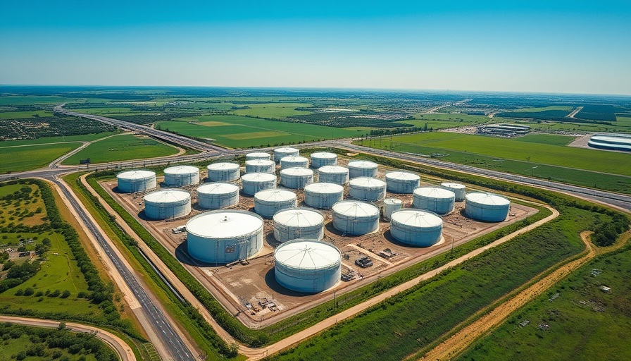 Aerial view of oil storage facility indicating oil prices surge context.