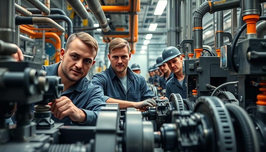 Industrial workers in UK factory adjusting machinery, highlighting reduced energy prices for businesses.