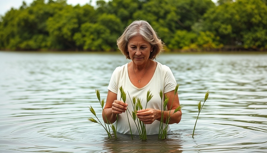 Mature woman examining mangrove in the Philippines' coastline conservation.