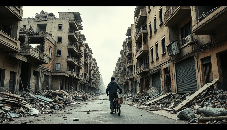 War-torn city street with rubble for sustainable living for refugees