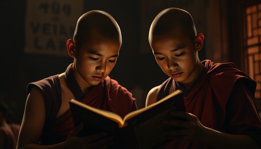 Young monks reading together in dim light, emphasizing focus and learning.