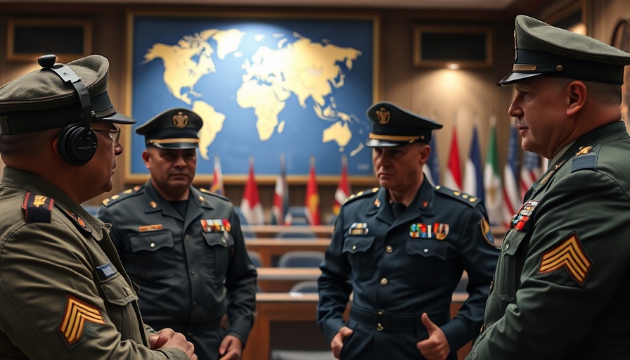 Military leaders discuss strategy in conference room with map and flags.