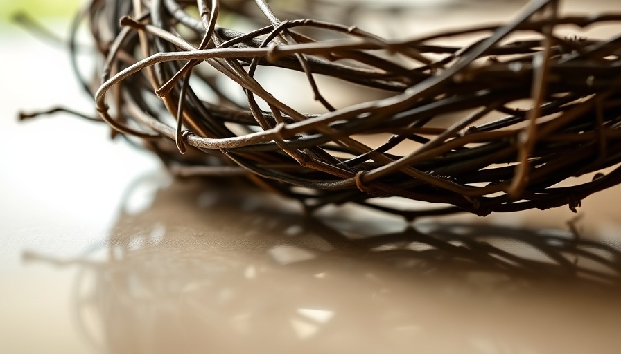 Close-up of a grapevine wreath on a reflective surface.