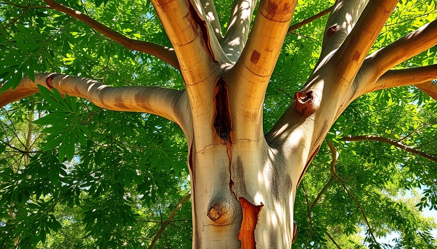 Vibrant eucalyptus tree with peeling bark and green leaves, sunlight filtering through.