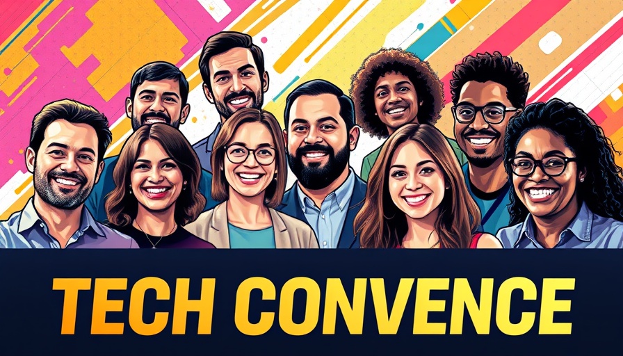 Tech conference poster with smiling speakers for business startup funding.