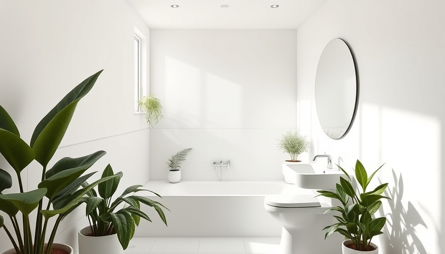 Minimalist bathroom with plants, bright white decor and natural light.