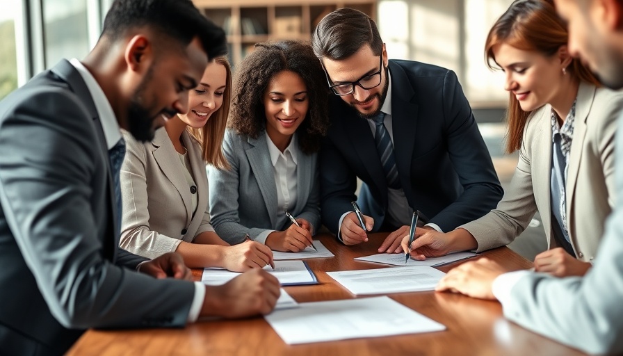 Professionals signing documents at table, option contracts in real estate.