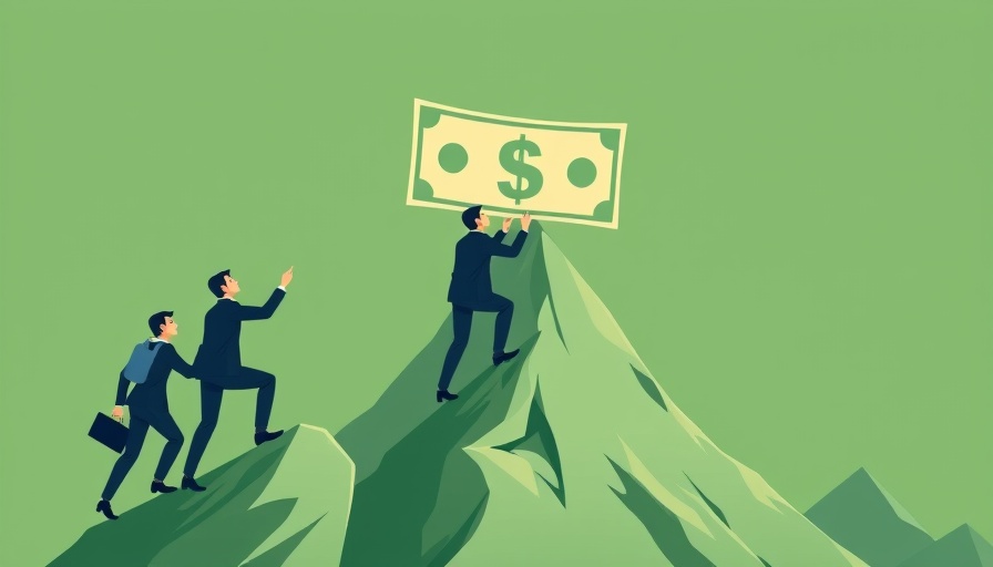 Cartoon businesspeople climbing mountain for startup funding.